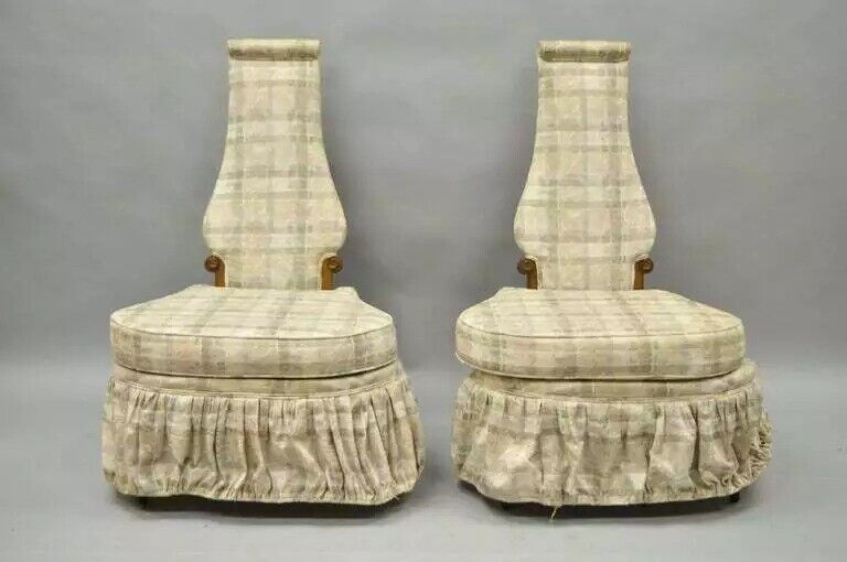 Hollywood Regency Dorothy Draper Style High Back Slipper Lounge Chairs - a Pair