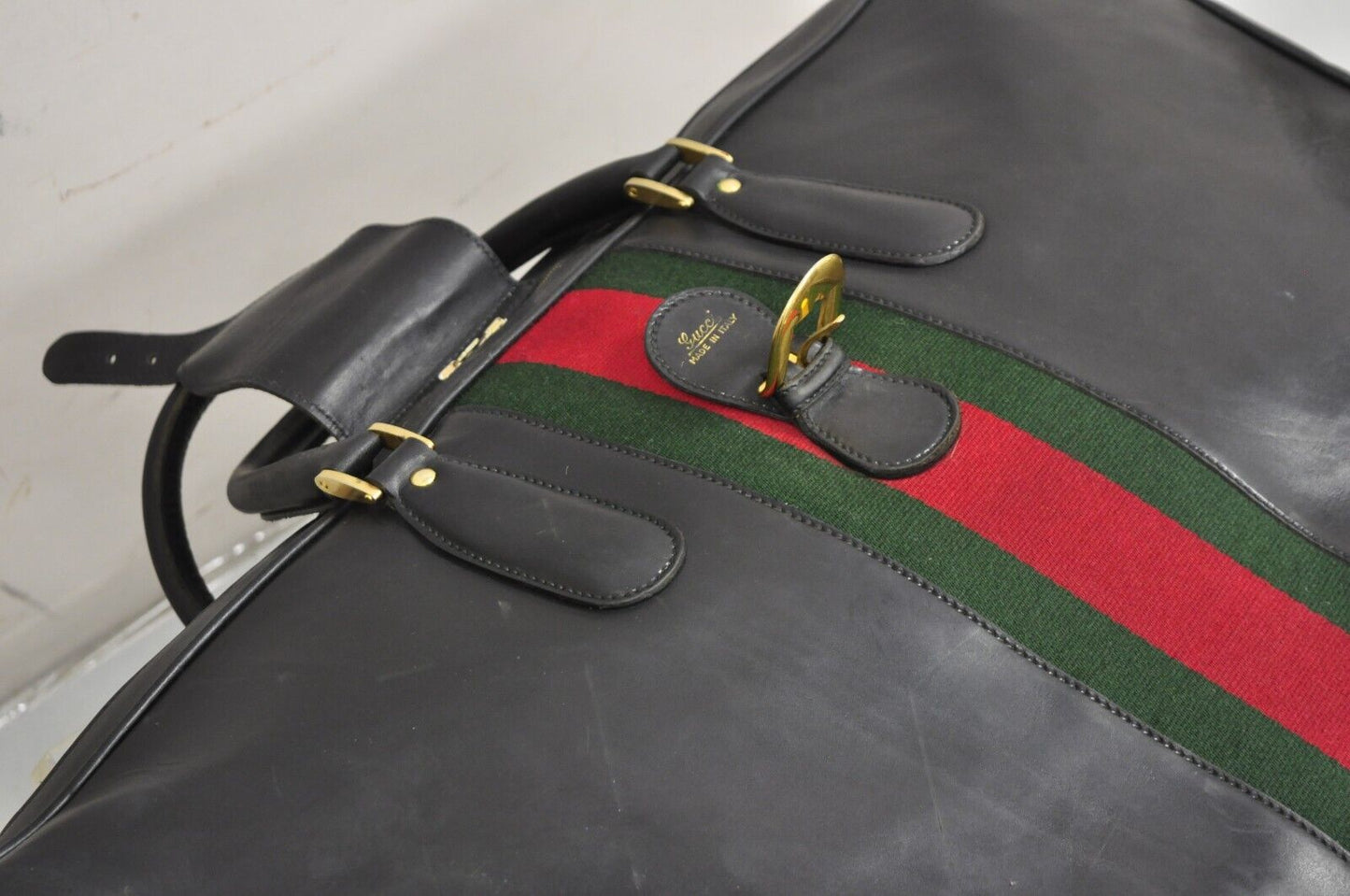 Vintage Gucci Large Black Leather Suitcase Luggage Travel Bag Green Red Webbing