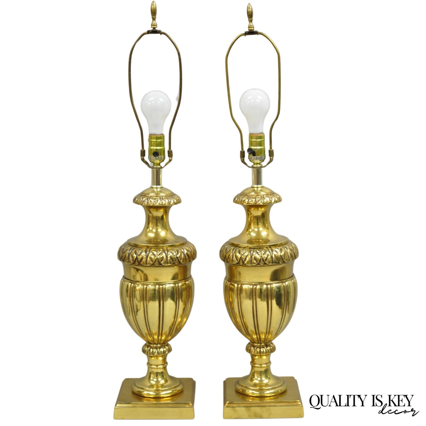 Vintage French Empire Style Gold Brass Metal Urn Form Table Lamps - a Pair