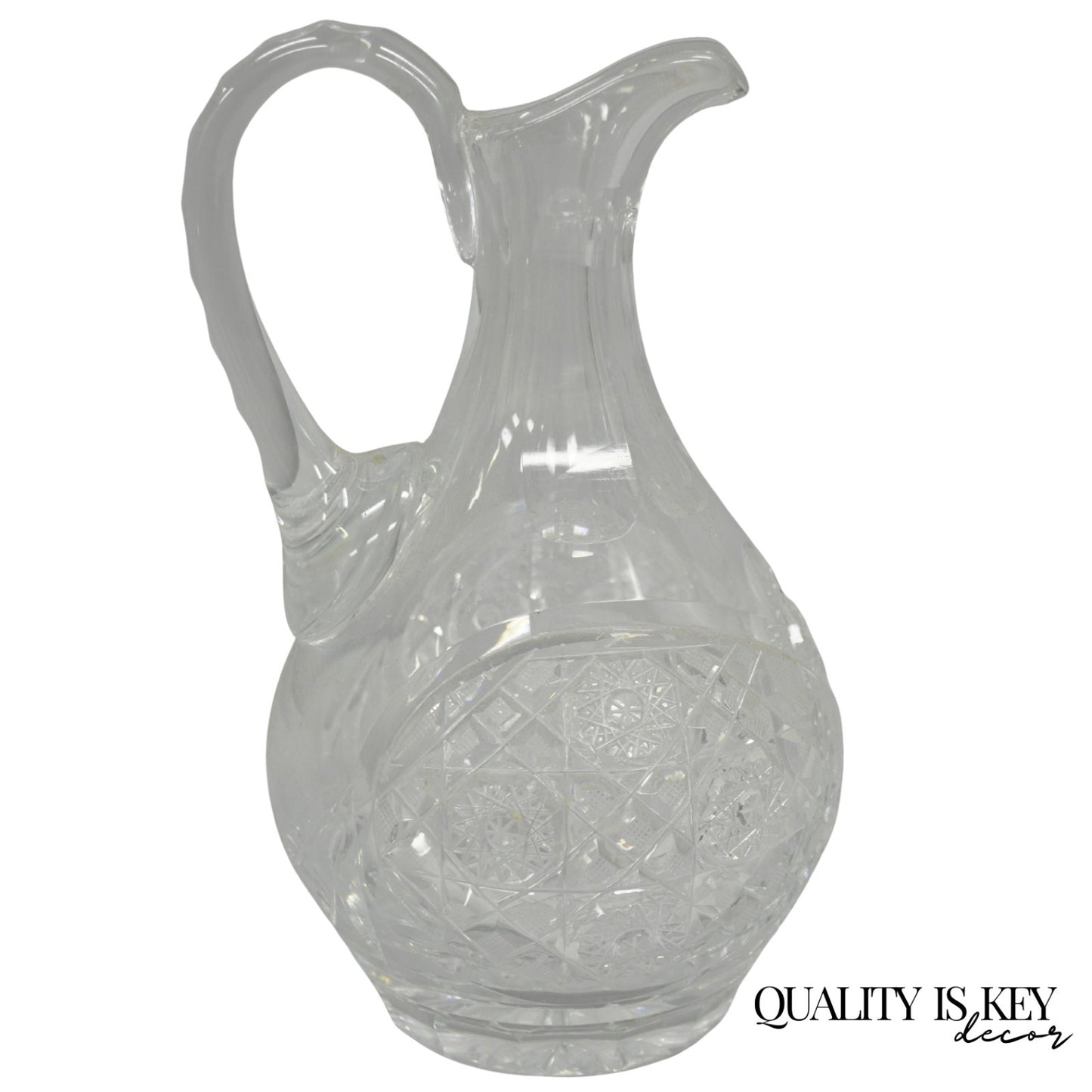 Antique Victorian Leaded Crystal Glass Diamond Etched Small Water Pitcher Jug