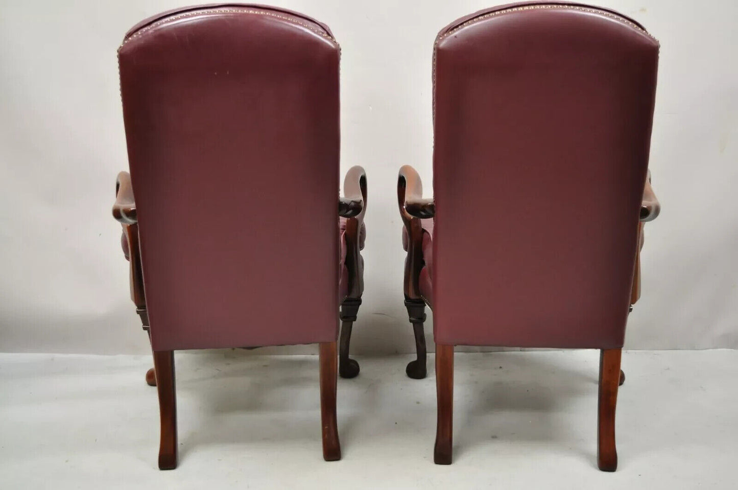 Queen Anne Burgundy Leather Library Office Arm Chairs by St Timothy Chair Pair