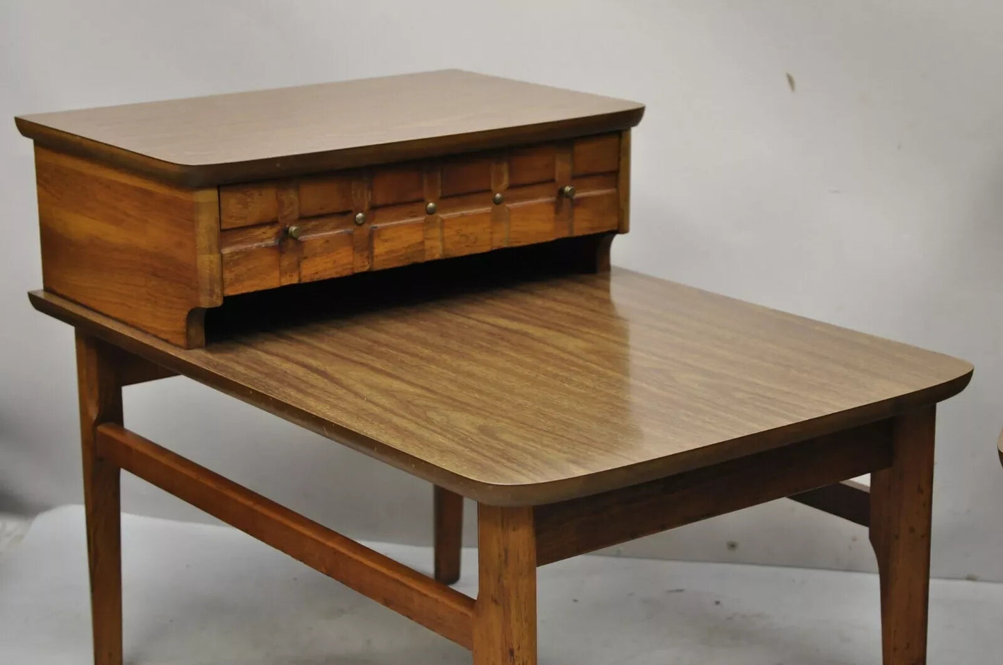 Mersman Mid Century Modern Walnut and Laminate Step Up Side End Tables - a Pair