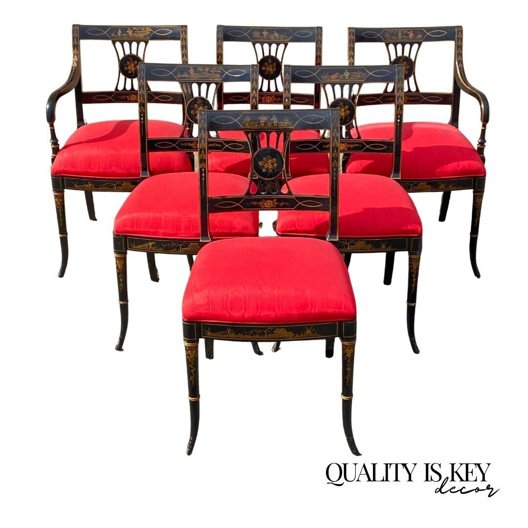 Union National Chinoiserie English Regency Black Painted Dining Chair - Set of 6