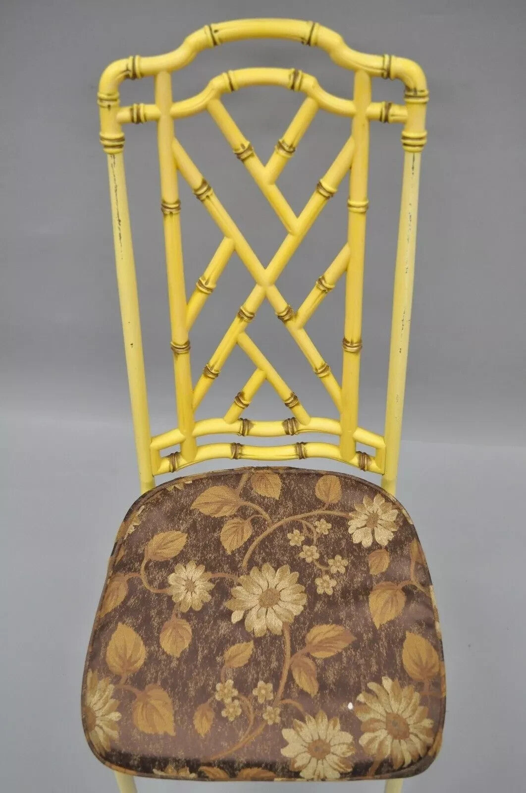 Hollywood Regency Chinese Chippendale Yellow Metal Faux Bamboo Dining Side Chair