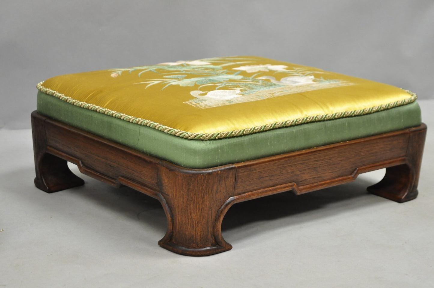 Vintage Chinoiserie Chinese Ming Style Low Footstool Ottoman w/ Silk - Pair