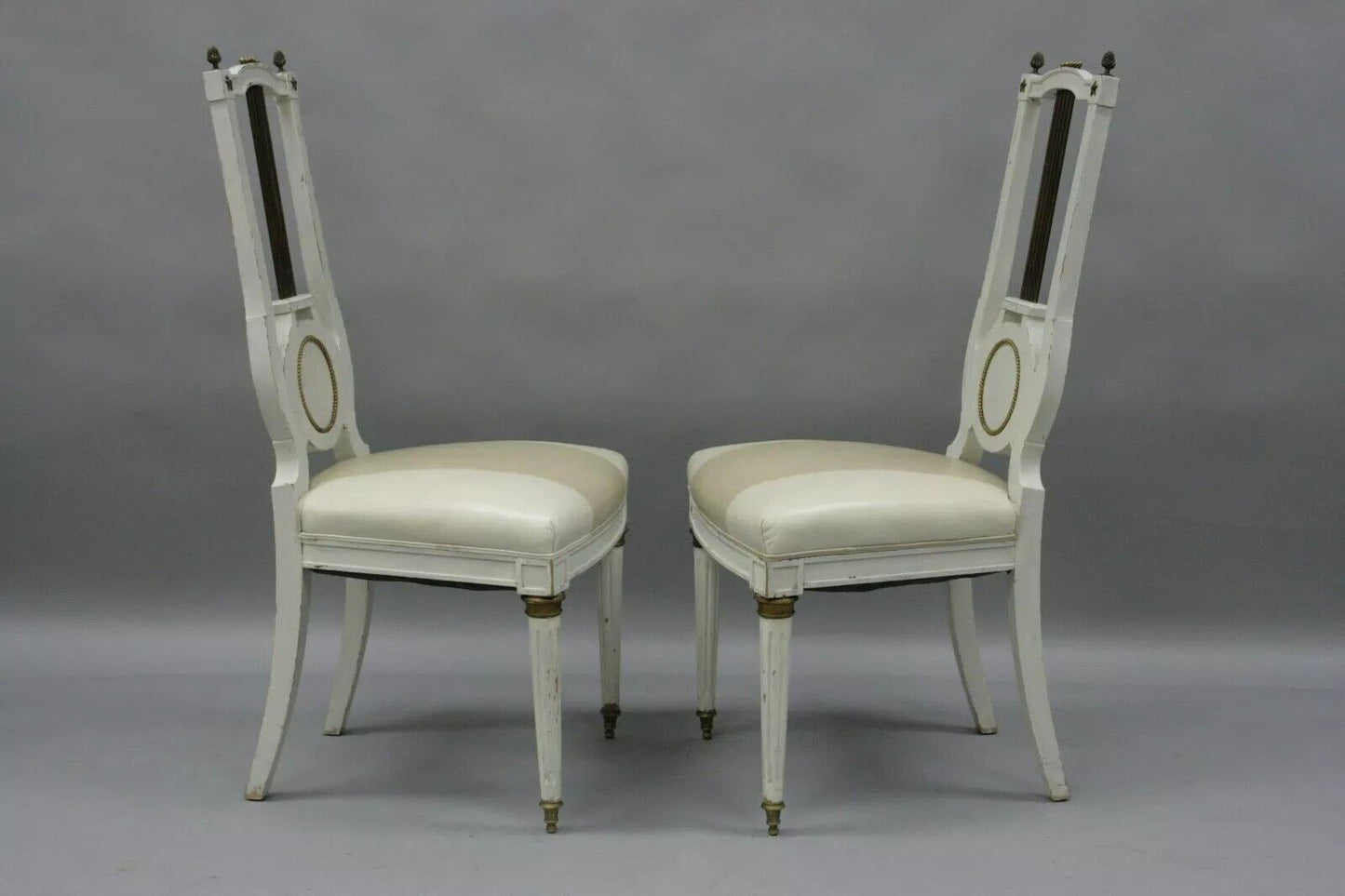 Antique French Empire Neoclassical Style Brass Harp Lyre Side Chairs - a Pair