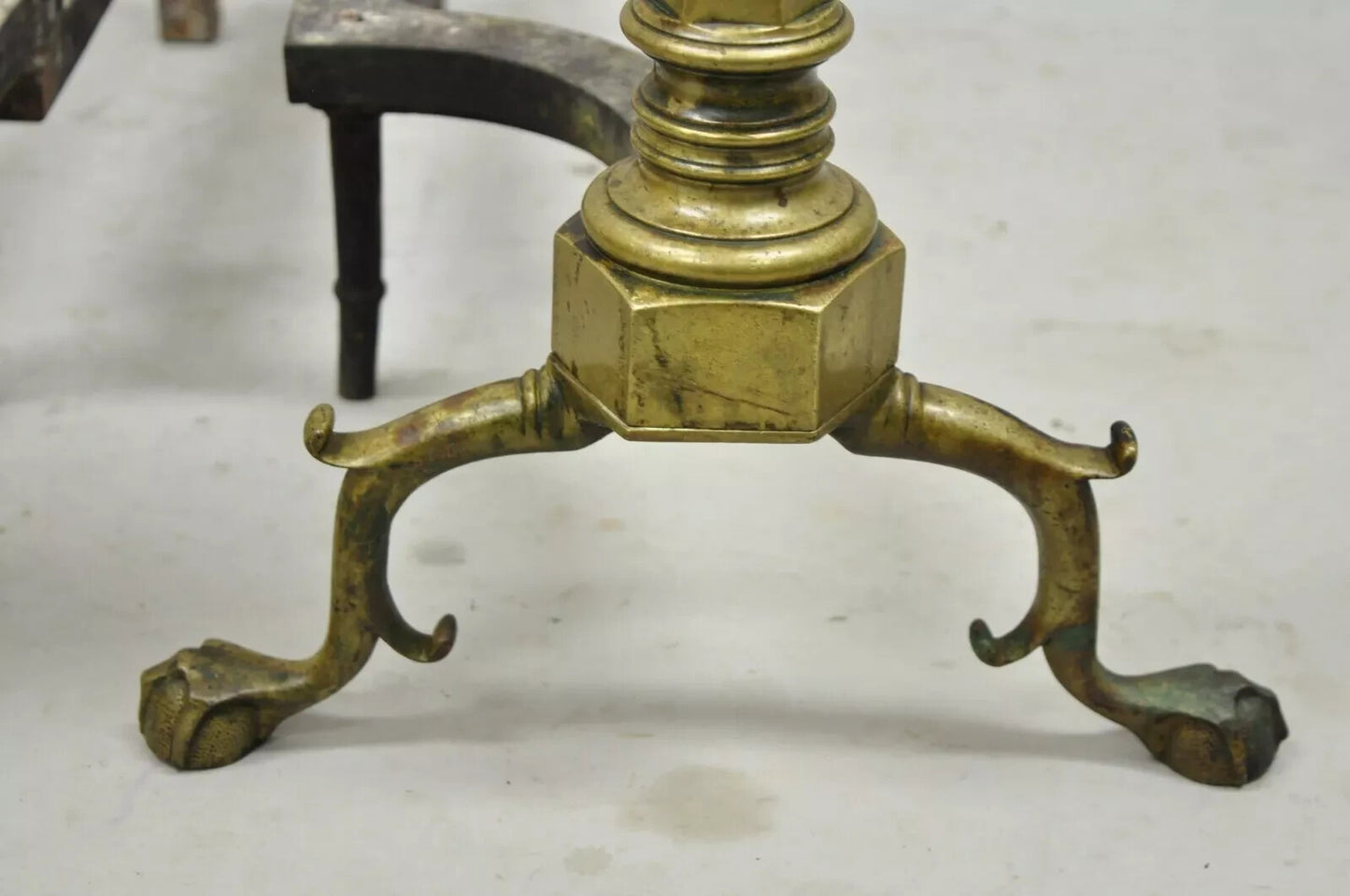 Antique Federal Faceted Brass Cannonball Branch Foot Cast Iron Andirons - a Pair