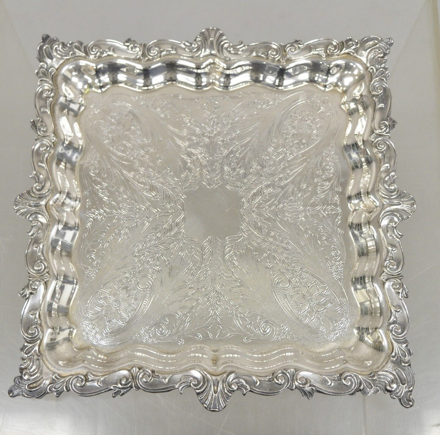 Vintage Birmingham Victorian Style Silver Plated Ornate Square Platter Tray