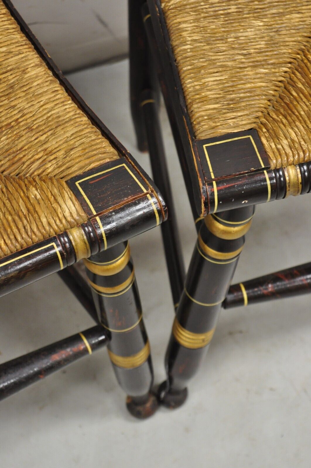 Antique Hitchcock Black and Gold Harvest Stencil Rush Side Chairs - a Pair