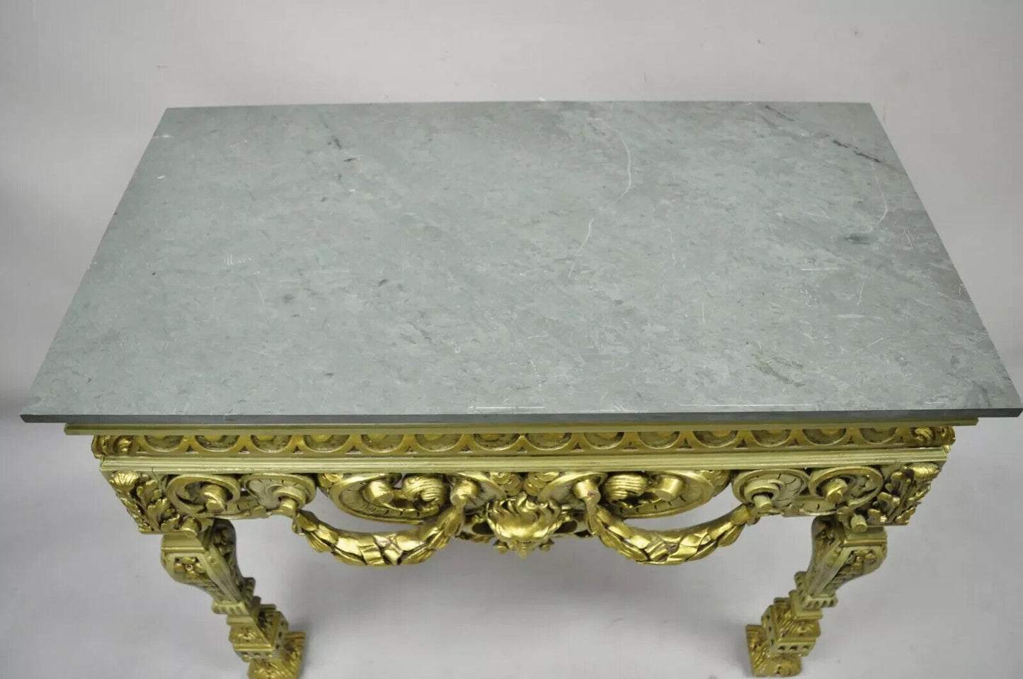 Vintage French Baroque Green Gold Gilt Figural Carved Slate Top Console Table