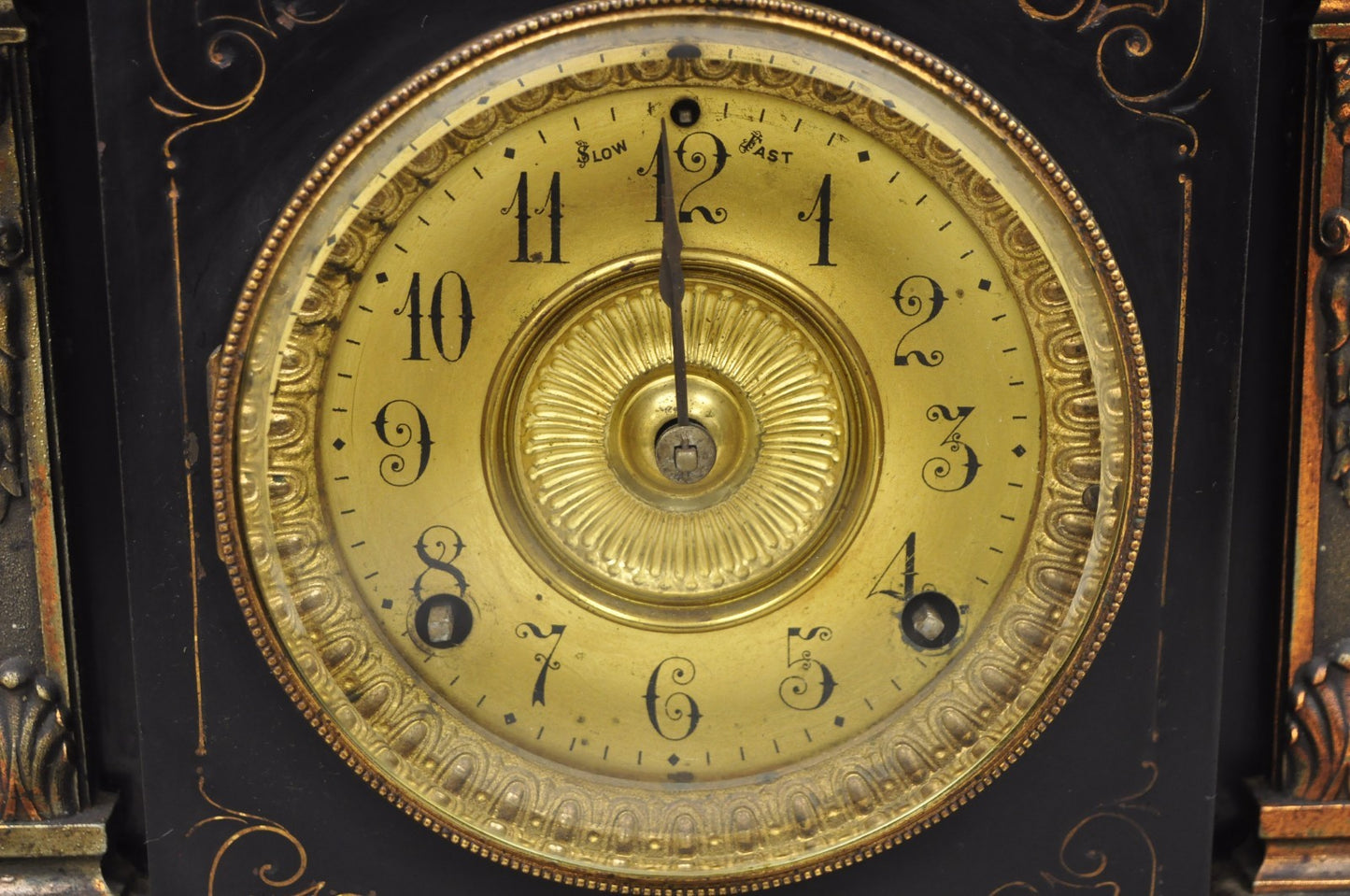 Antique Ansonia Black Mantel Clock with Bronze Coated Columns and Claw Feet