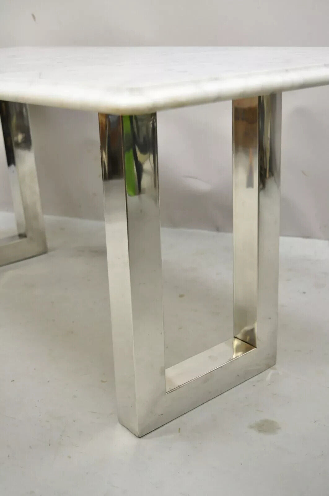 Modern Italian Marble Chrome Double Pedestal Base Rectangular Coffee Table