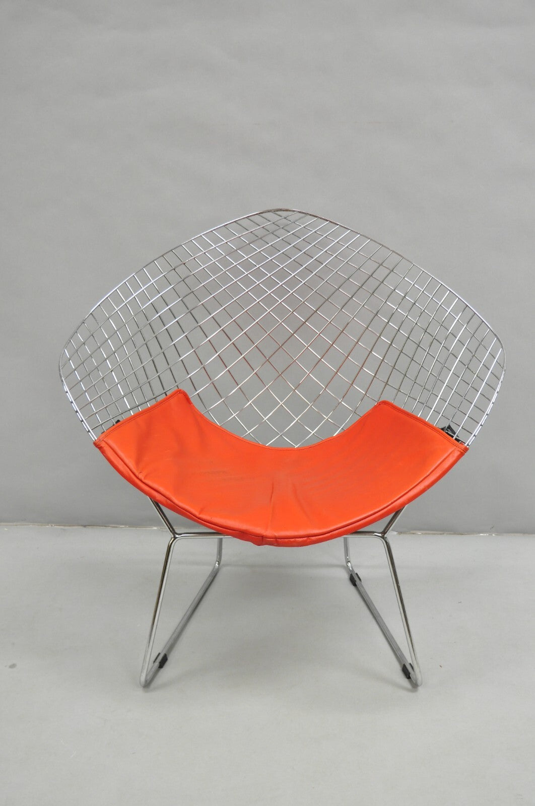 Knoll Style Bertoia Chrome Wire Metal Diamond Lounge Chair With Red Cushion