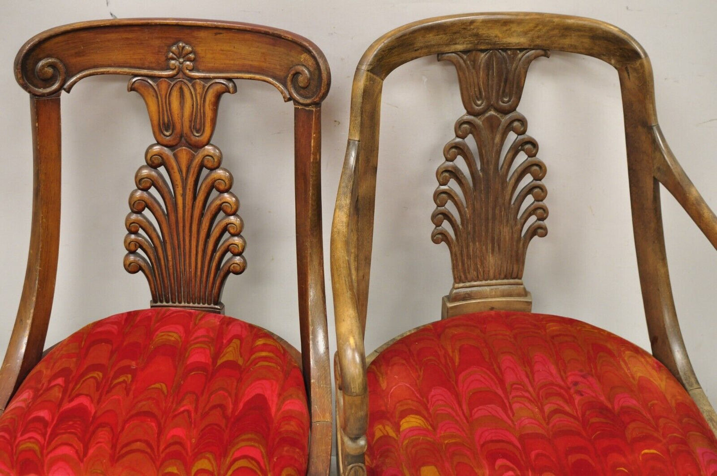 Vintage Regency Style Plume Carved Walnut Saber Leg Dining Chairs - Set of 6