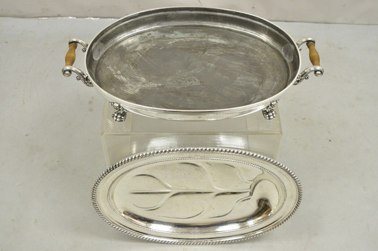 Antique English Victorian Silver Plated Paw Foot Meat Cutlery Chaffing Dish Tray