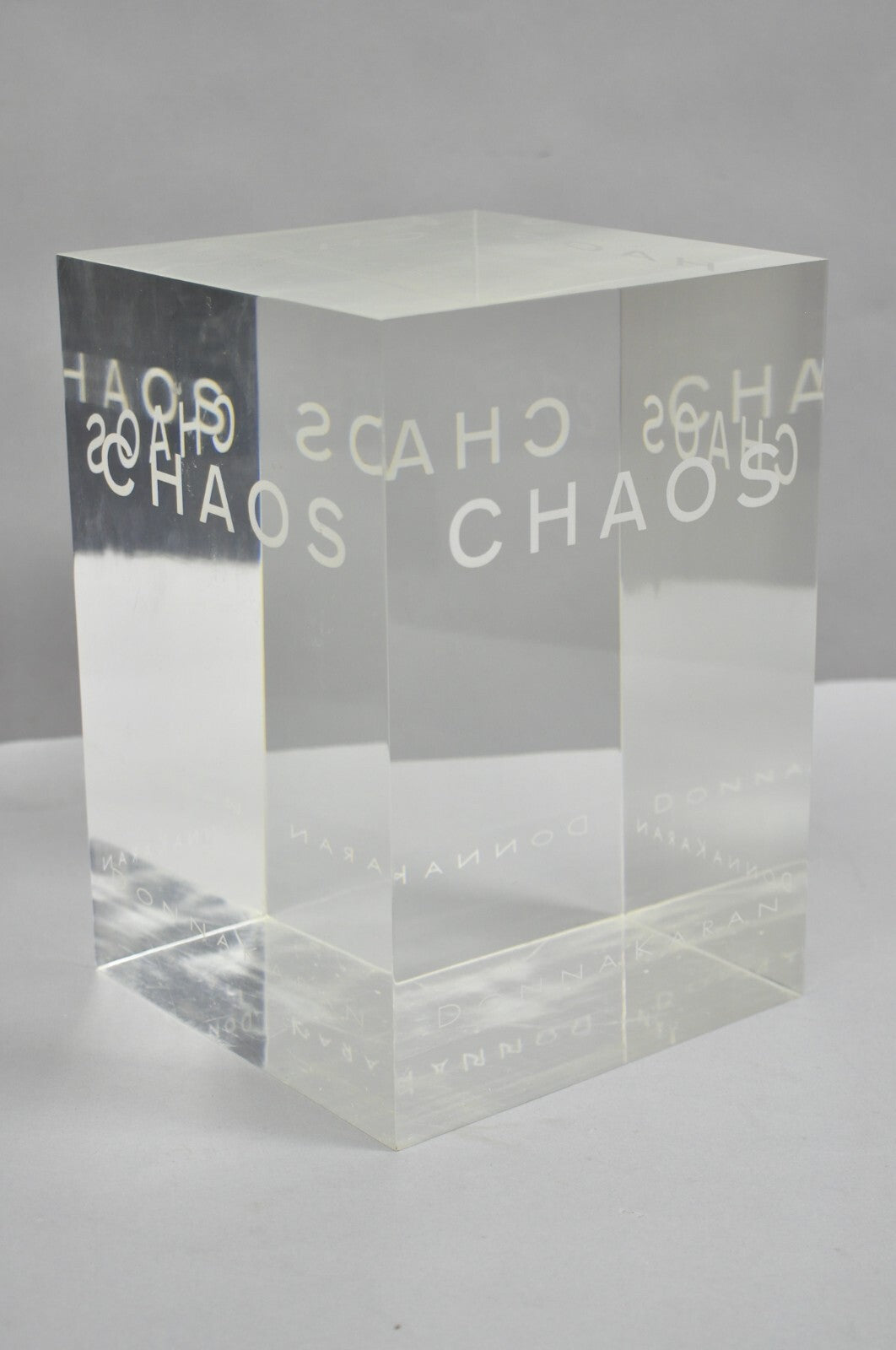 Donna Karan "Chaos" Heavy Acrylic Lucite Cube Perfume Retail Pedestal Display