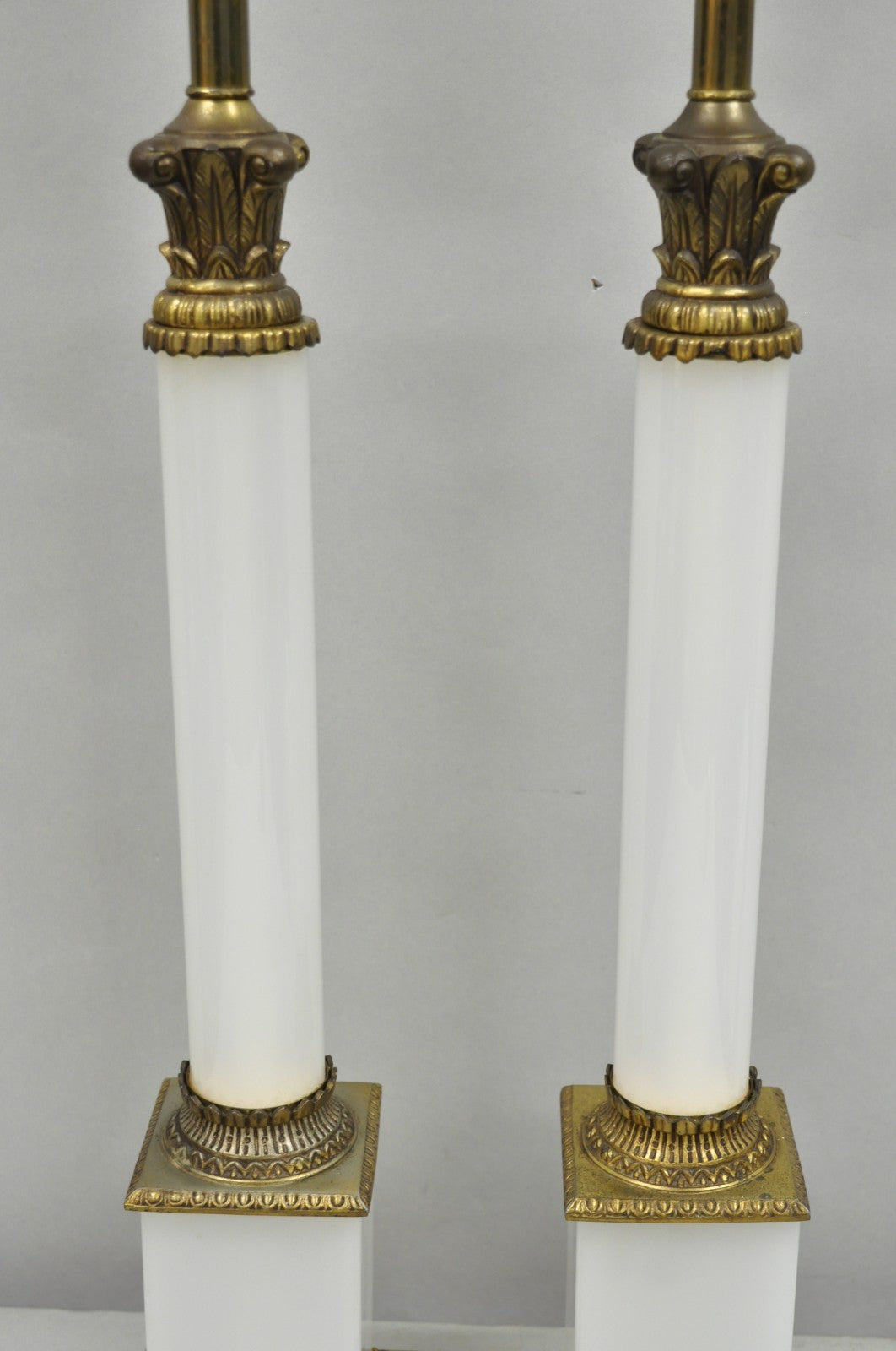 Vintage French Empire Neoclassical White Milk Glass Column Table Lamps - a Pair