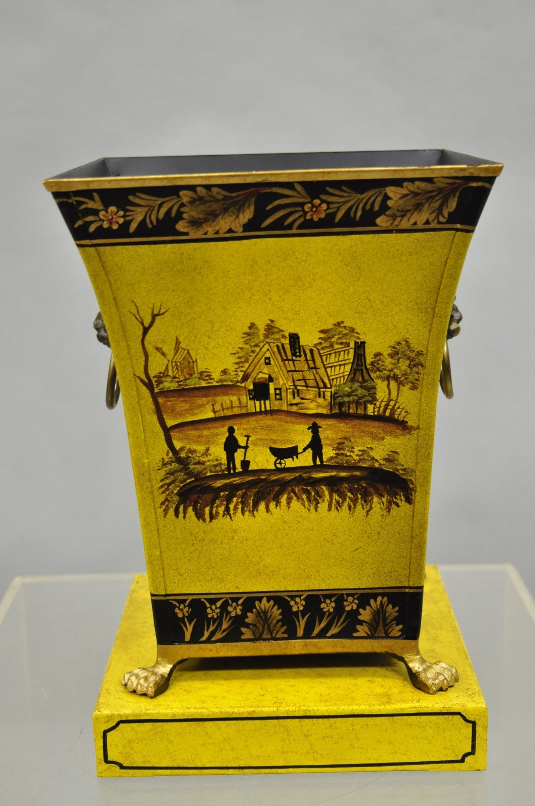 Vintage Chinoiserie French Country Yellow Metal Toleware Wastebasket Trash Can