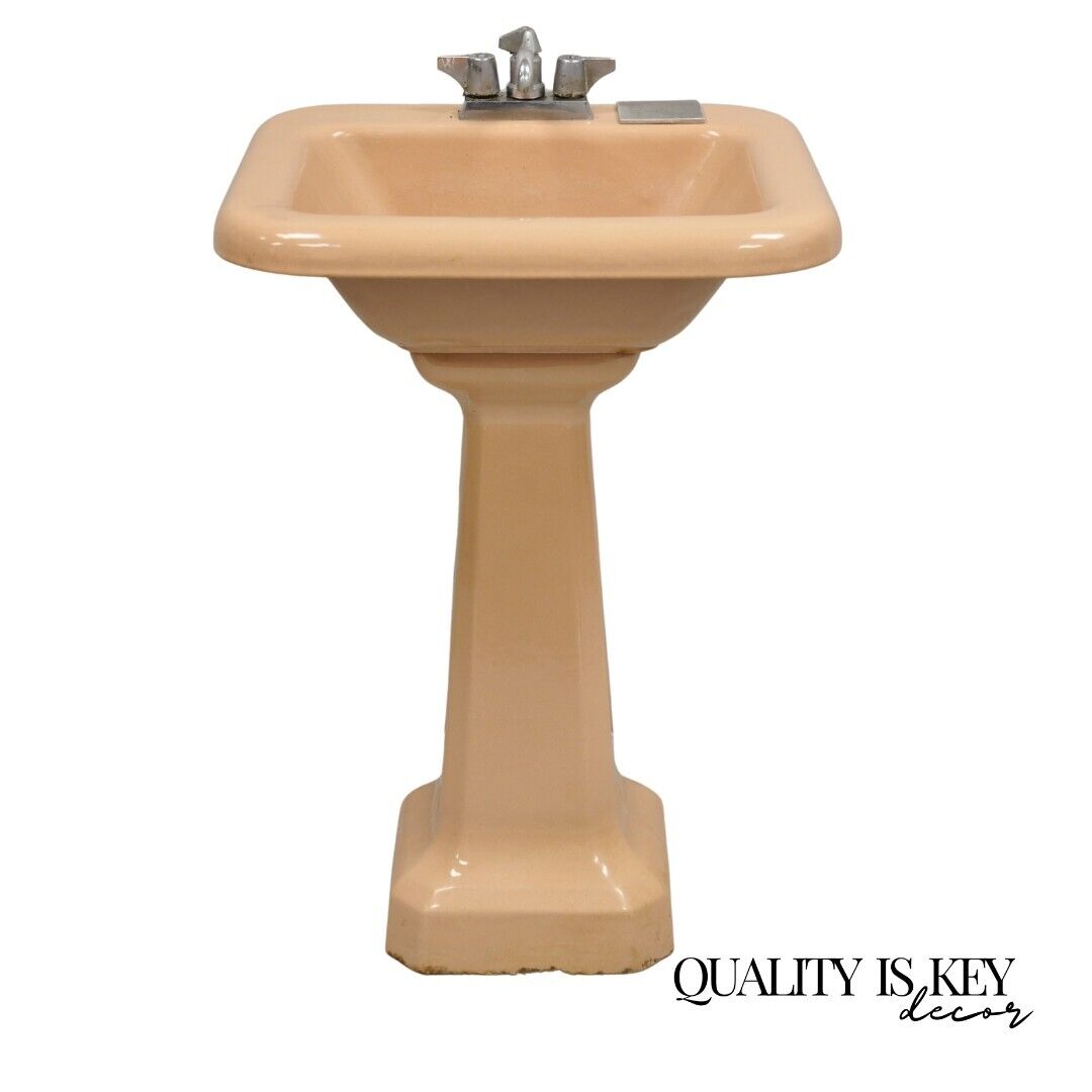 Vintage Mid Century Porcelain Enamel Salmon Pink Bathroom Pedestal Sink