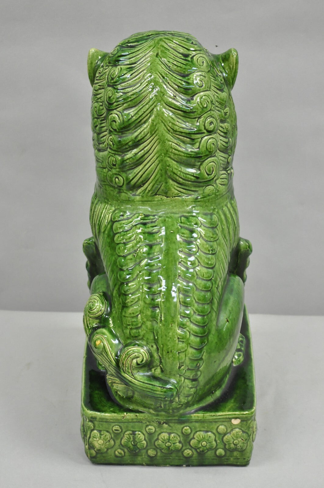 Vintage Chinoiserie Green Majolica Glazed Ceramic 24" Chinese Foo Dog Statue