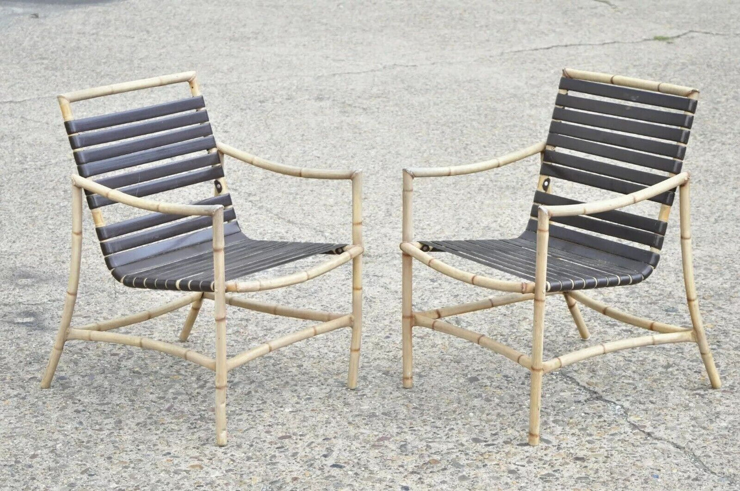 Faux Bamboo Chinese Chippendale Aluminum Vinyl Strap Pool Arm Chairs - a Pair