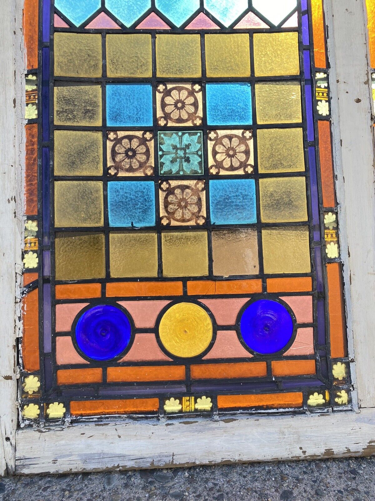 Antique Victorian 70 x 48 Double Stained Glass Window Pink Blue Green Jeweled