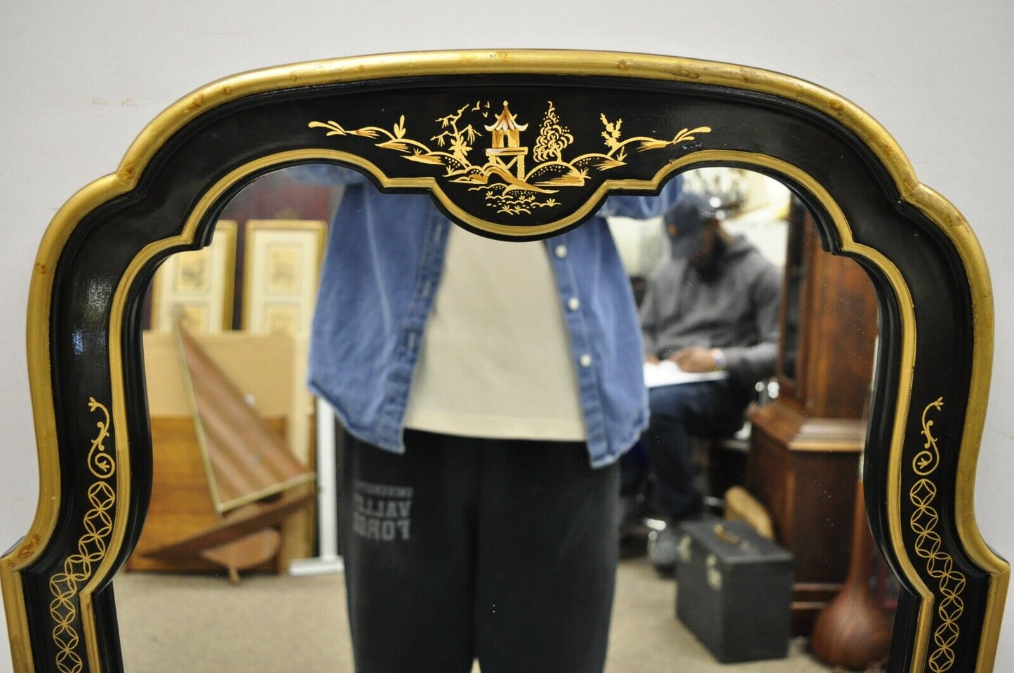 Vintage Chinoiserie Drexel Et Cetera Style Black Gold Arch Wall Mirror