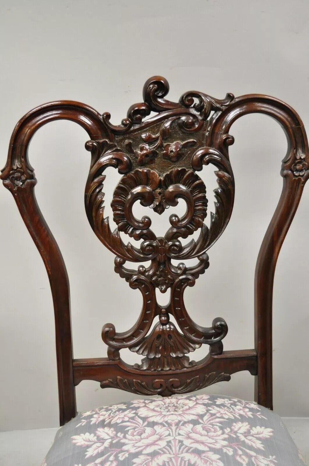 Antique Victorian Floral Scrollwork Carved Mahogany Parlor Accent Slipper Chair