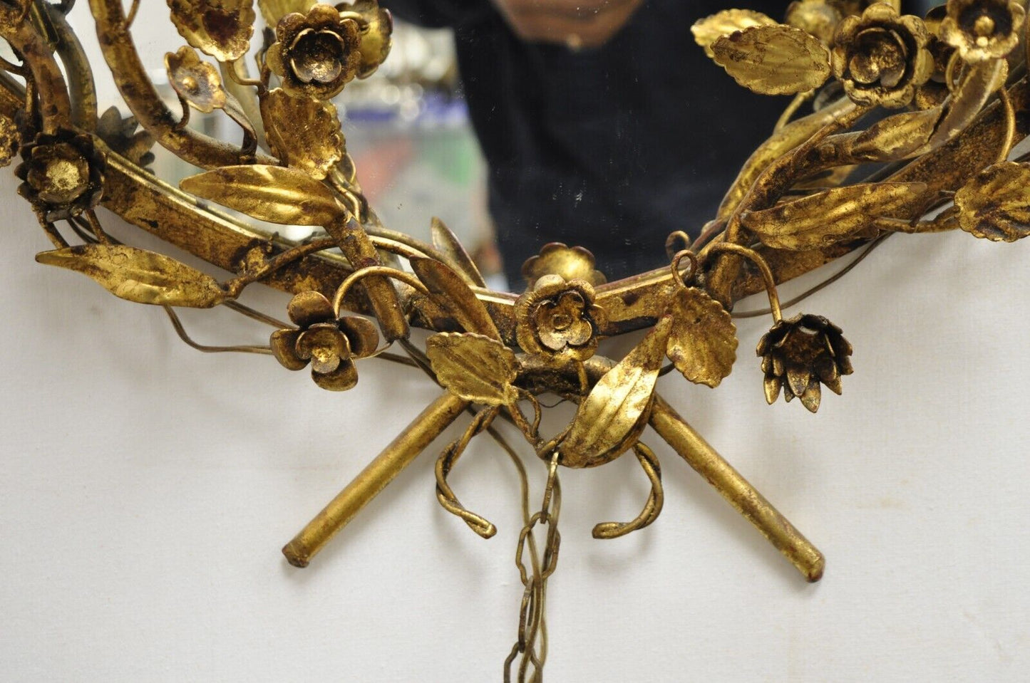 Vtg Italian Hollywood Regency Gold Gilt Iron Oval Floral Wall Mirror w/ Sconces