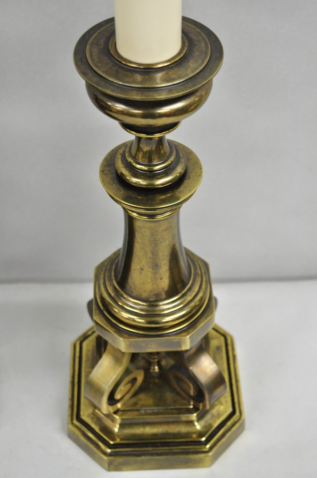 Vintage Hollywood Regency Burnished Brass Tall Candlestick Table Lamps - a Pair