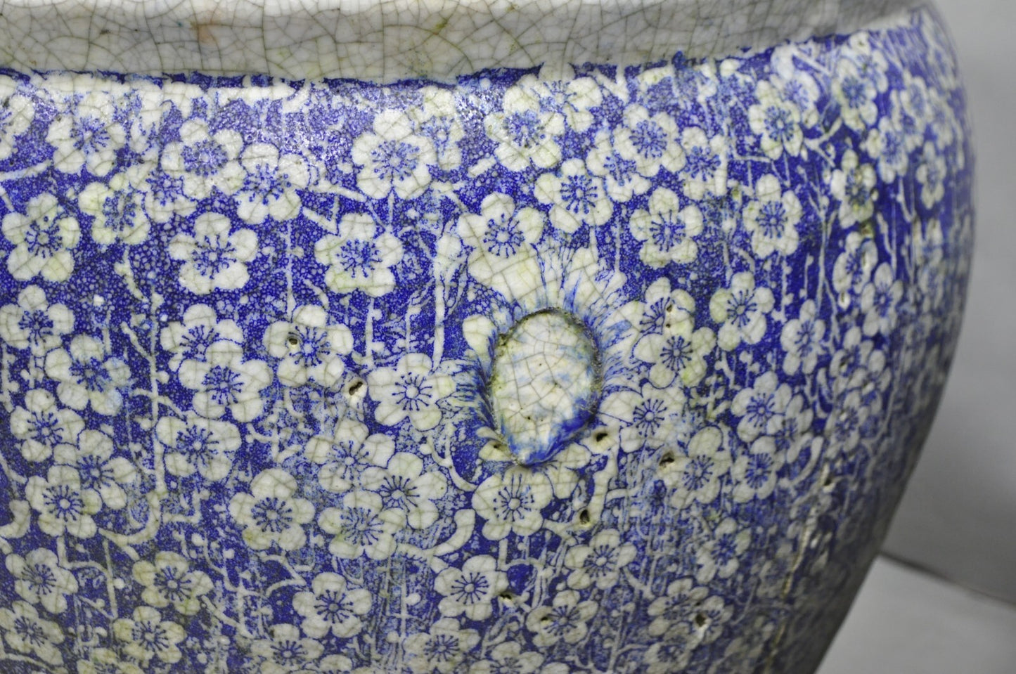 Antique Chinoiserie Large Blue White Terracotta 23" Jardiniere Planter Pot Pair