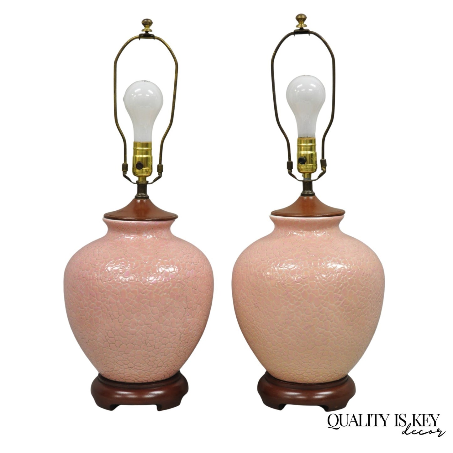 Vintage Chinoiserie Pink Porcelain Chinese Ginger Jar Table Lamps - a Pair