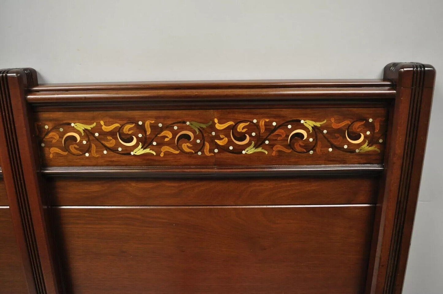 Herts Brothers Edwardian Mahogany Brass Satinwood Inlay Queen Bed Headboard