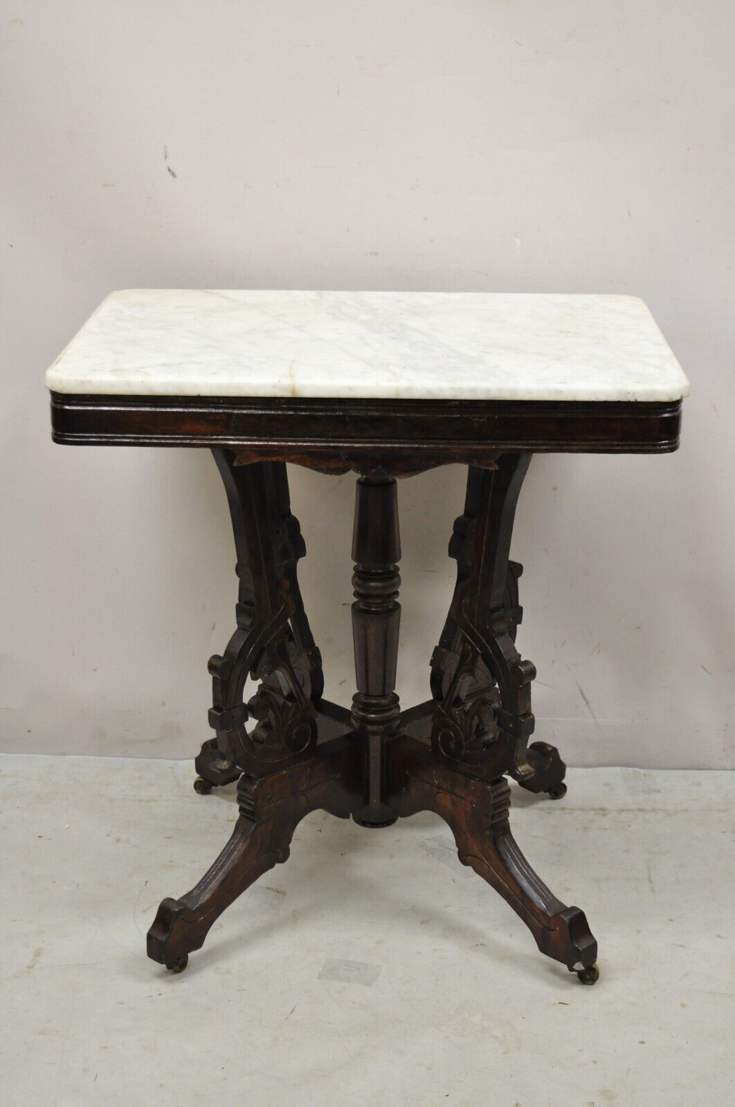 Antique Eastlake Victorian Marble Top Walnut Parlor Accent Side Table
