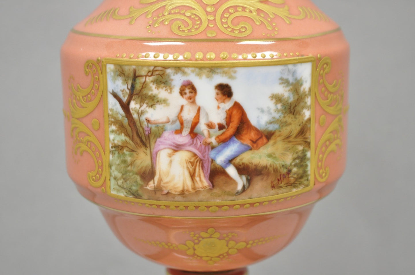 Antique French Victorian Salmon Coral Pink Porcelain Hand Painted Urn Table Lamp