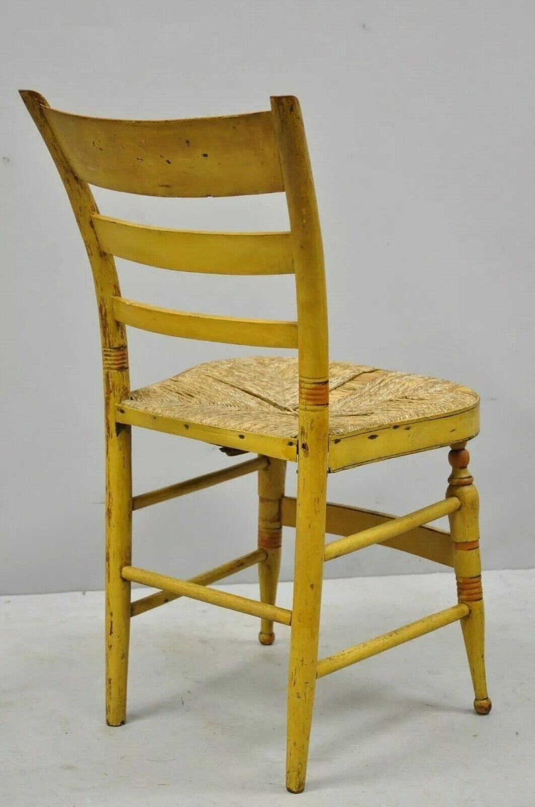 Antique Hitchcock Style Slat Back Rush Seat Yellow Paint Stencil Side Chair (A)