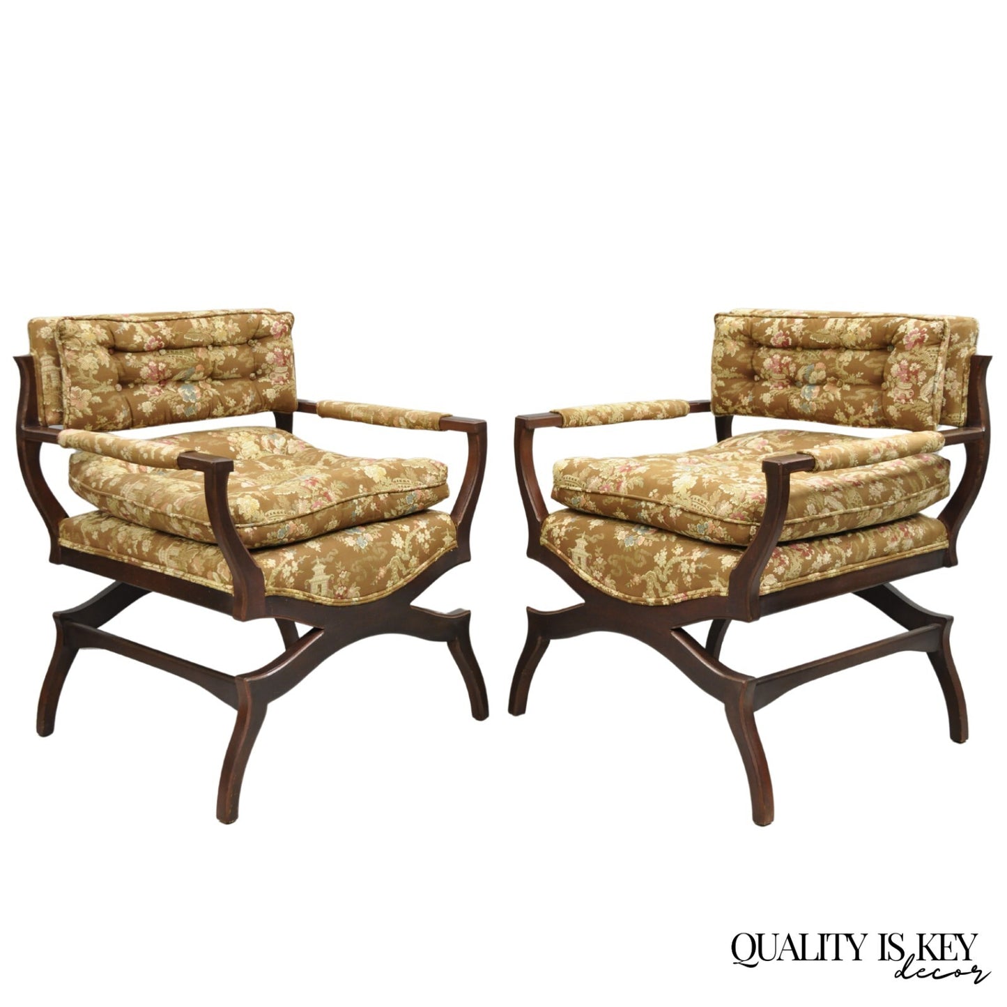 Vintage Hollywood Regency Curule Wooden X-Frame Lounge Arm Chairs - a Pair