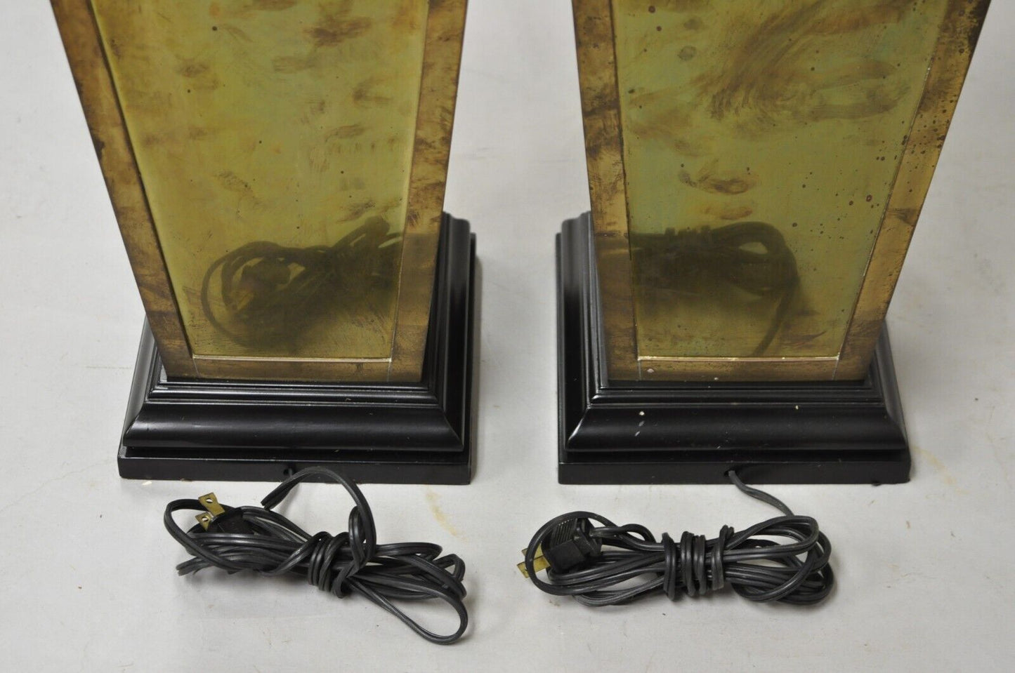 Chinoiserie Patinated Brass Square Jardiniere Table Lamp by Wildwood - a Pair