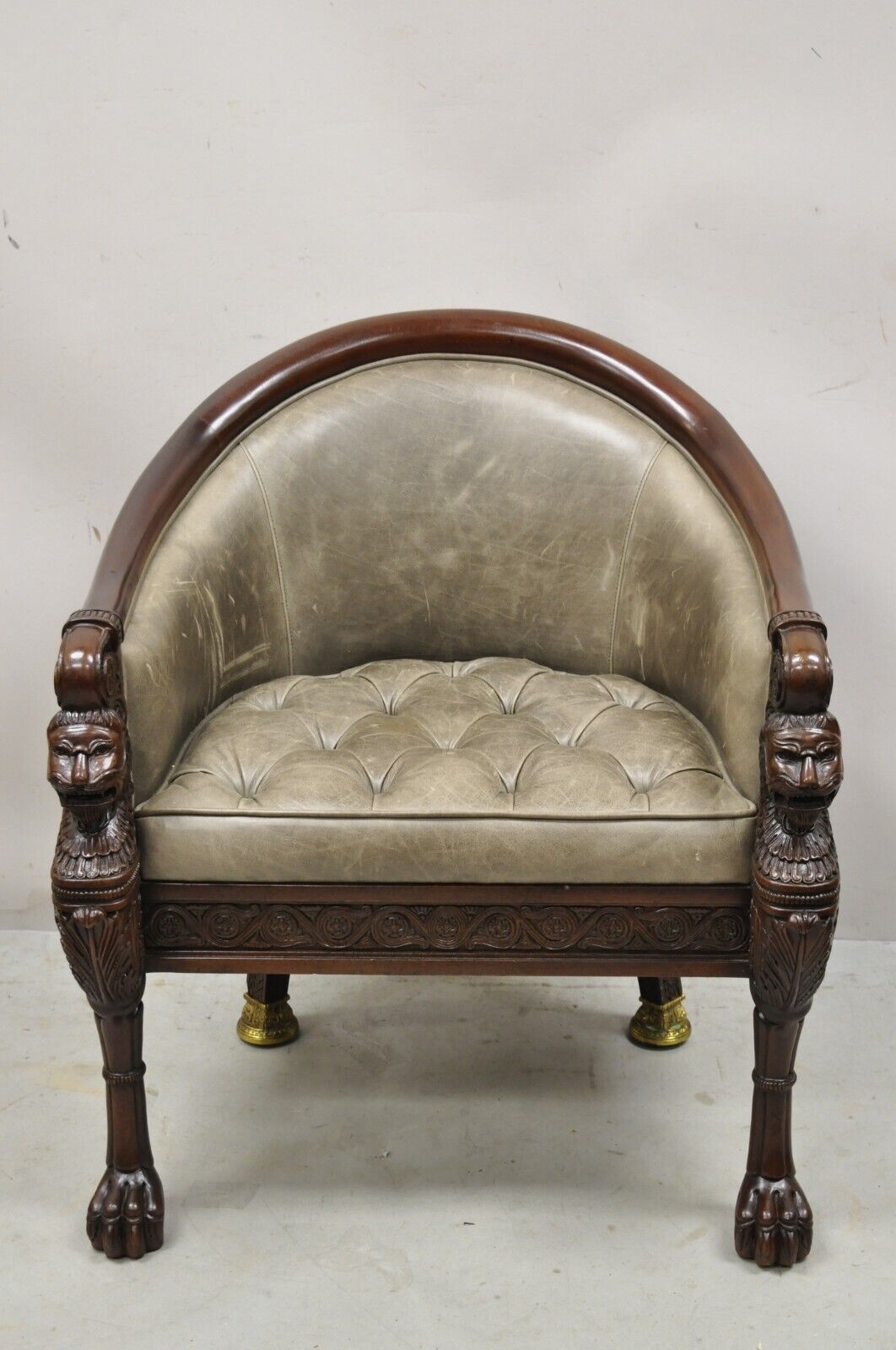 Baker Stately Homes Grey Leather Lions Head Pull Up Tub Chair Club Chair