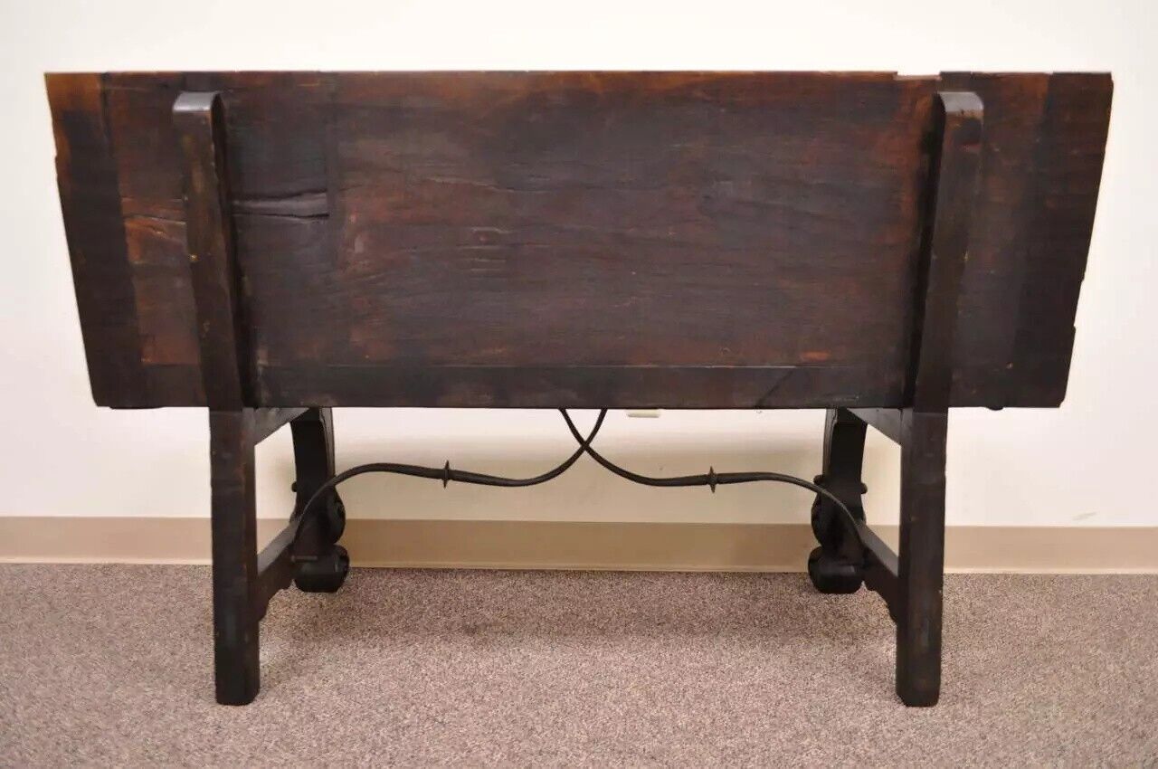 Antique 17th C. English Renaissance Carved Oak and Wrought Iron Bench Banquette