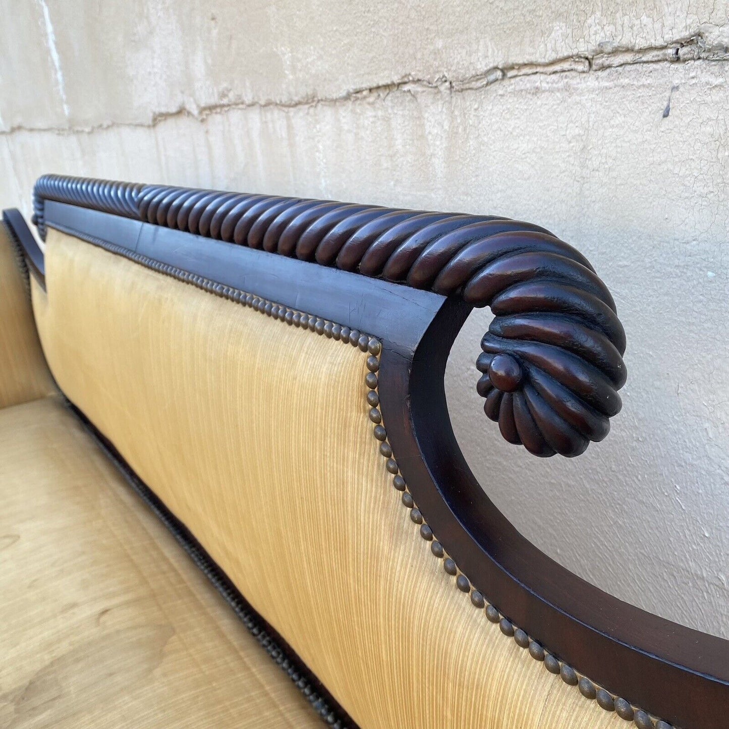 Antique American Empire Classical Carved Mahogany Paw Foot Rolled Arm Sofa