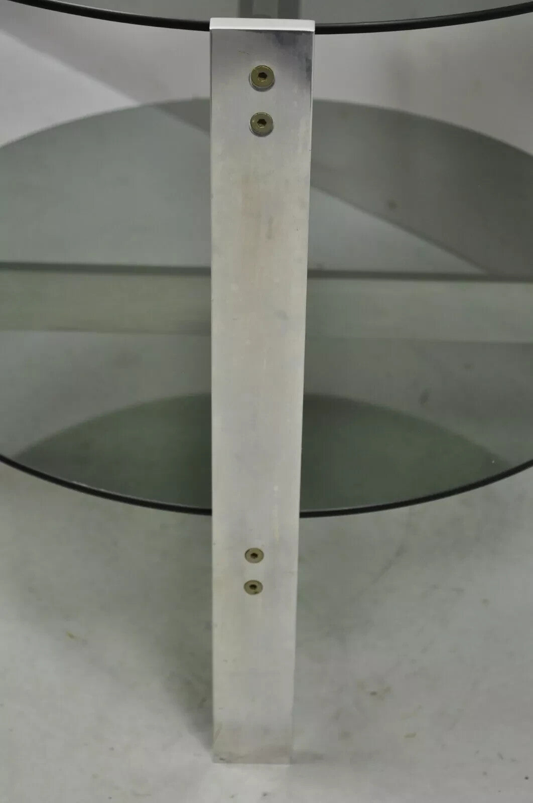 Vintage Mid Century Modern Round Smoked Glass 2 Tier Aluminum Base Side Table