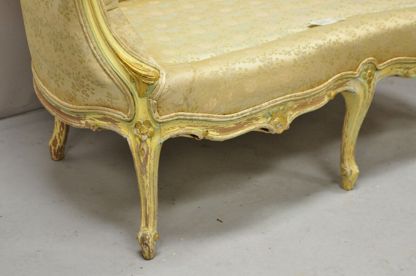 Vintage French Louis XV Rococo Style Yellow & Green Settee Loveseat Sofa