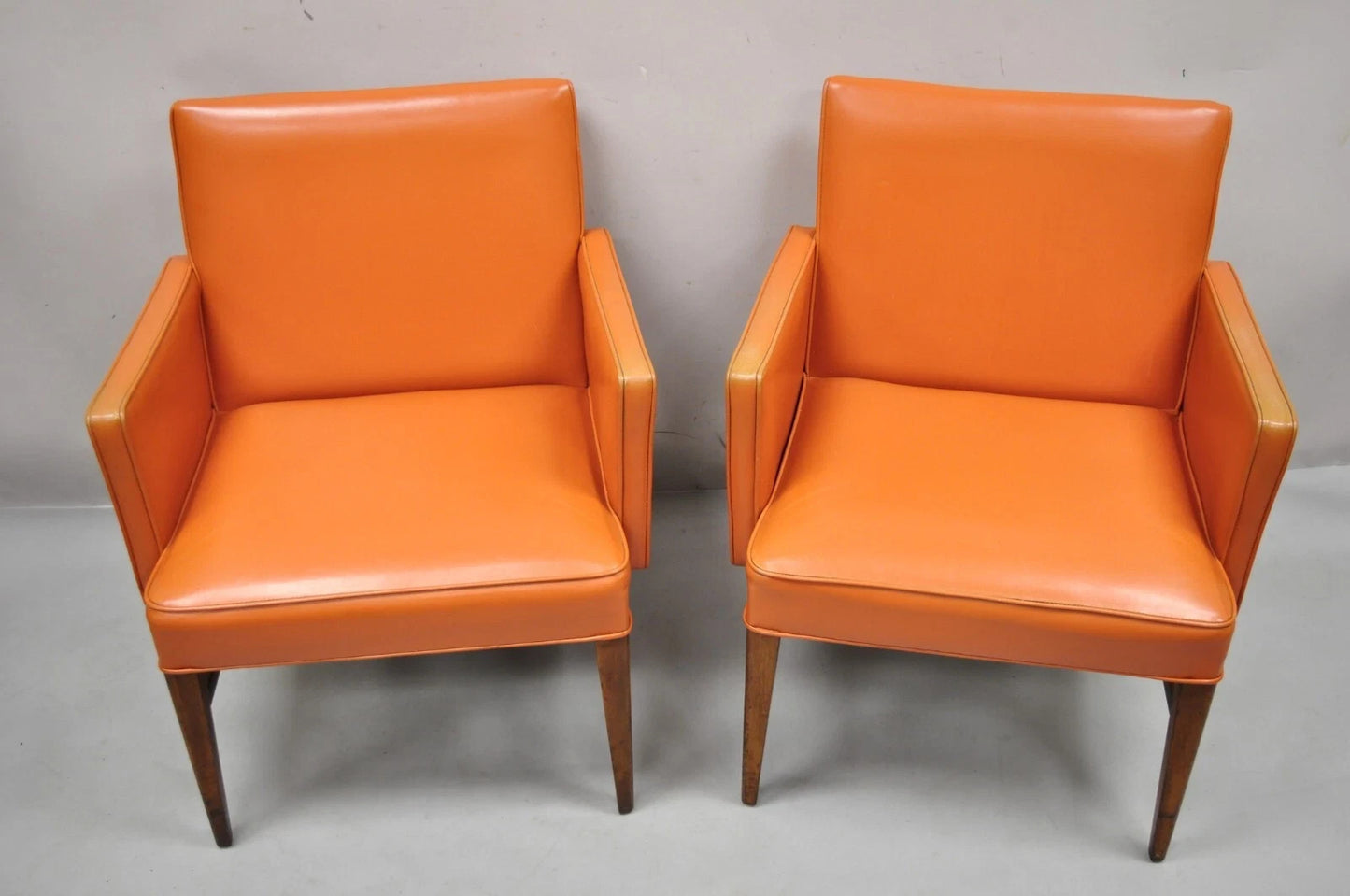 Vintage Mid Century Modern Walnut Jens Risom Style Orange Lounge Chairs -a Pair