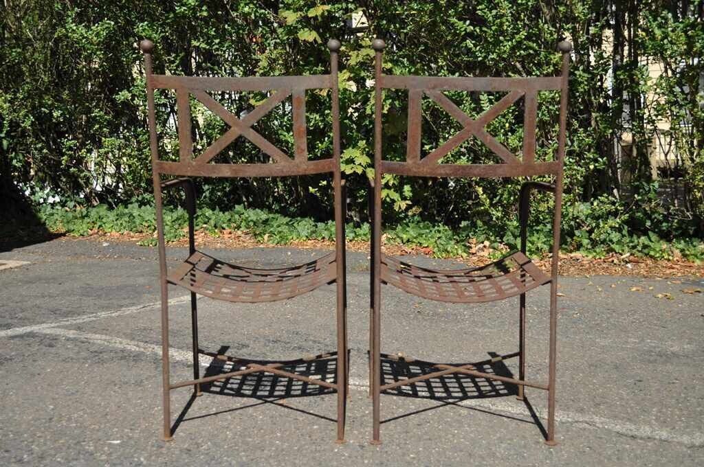 Vtg Neoclassical Regency Style Iron X Form Stretcher Garden Arm Chairs - a Pair