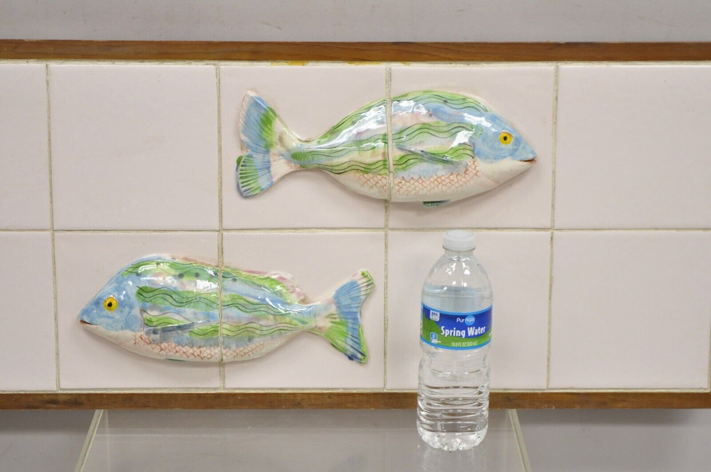Vintage Mid Century Modern Glazed Ceramic Tile Framed Blue Green Fish Wall Art