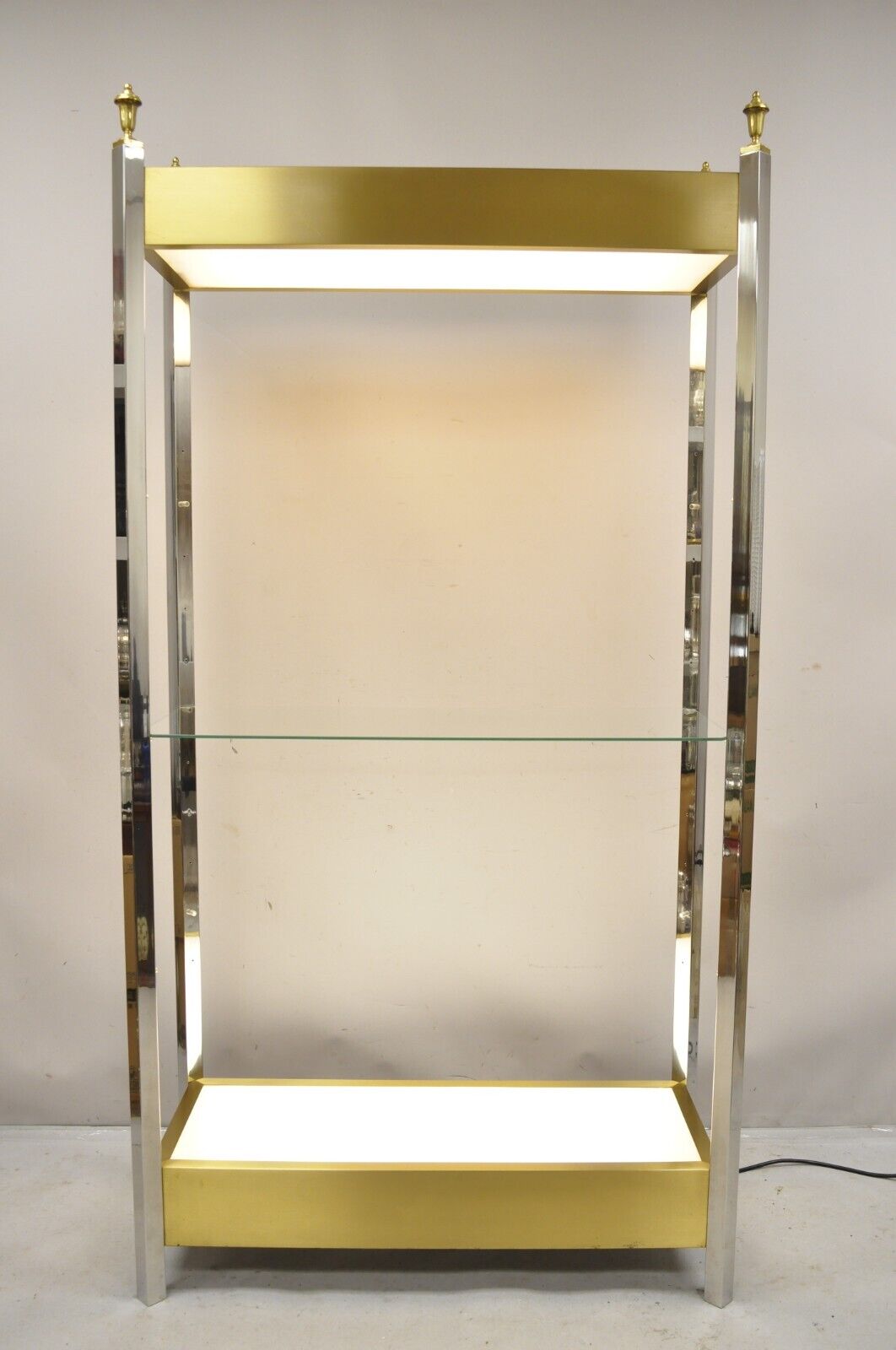 Vintage Illuminated Chrome and Brass Light Up Display Shelf Curio Etagere