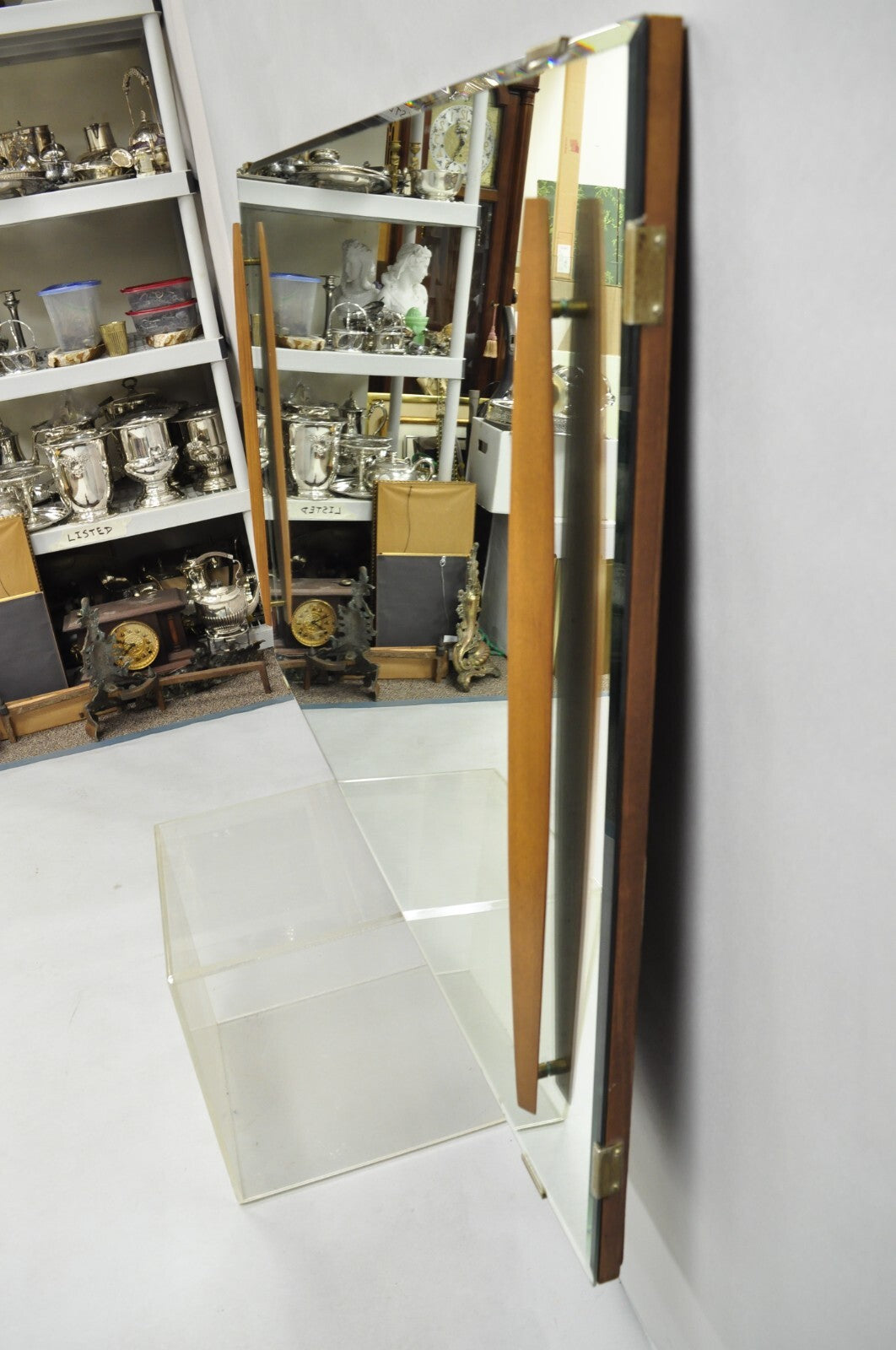 Vintage Mid Century Modern Large Wall Mirror with Raised Sculpted Walnut Accents
