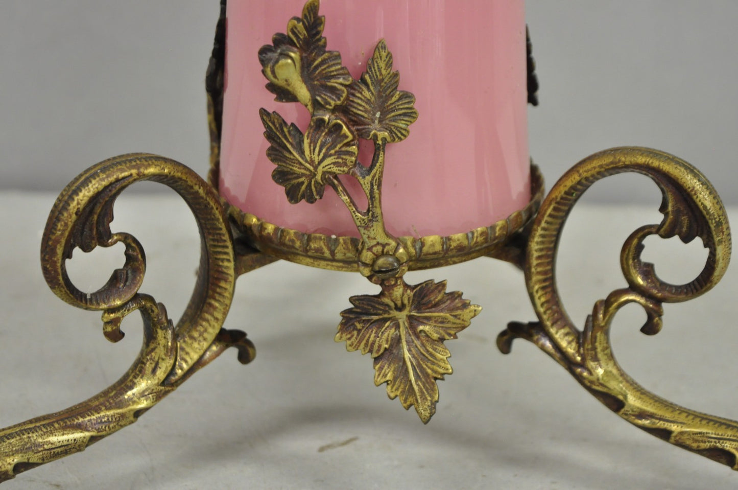 French Renaissance Art Nouveau Bronze 4 Candle Pink Glass Column Candelabra