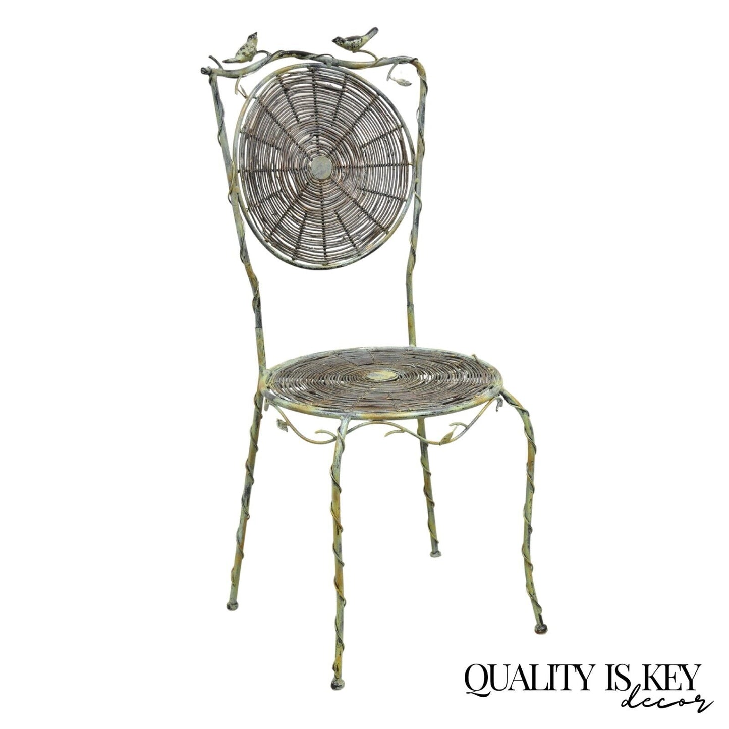 French Country Style Iron and Wood Reed Green Bistro Side Chair with Birds